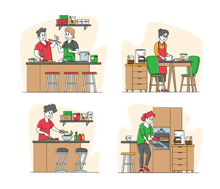 Set of Male and Female Characters Cooking. Senior Woman Kneading Dough, Couple Prepare Dinner on Kitchen at Homeのイラスト素材