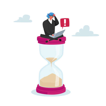 Tiny Businesswoman Character Sitting on Huge Hourglass with Laptop in Hands. Deadline, Business Process Concept, Timeのイラスト素材