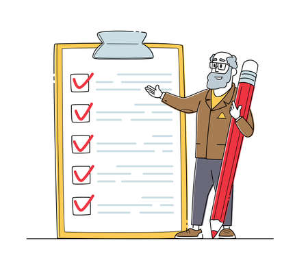Businessman Character Presenting Check List with Filled Marks in Boxes. Checklist, Searching Solution, Planning Dealsのイラスト素材