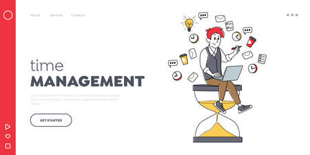 Time Management, Working Productivity Landing Page Template. Tiny Businessman Character Sitting on Huge Hourglassのイラスト素材
