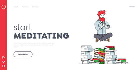 Worker Relaxation Landing Page Template. Businessman Character Doing Yoga Meditation in Lotus Posture in Messy Officeのイラスト素材