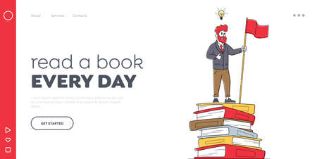Ladder to Success. Training, Education Landing Page Template. Male Character Stand on Top of Huge Books Pile with Flagのイラスト素材