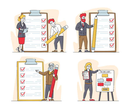 Set of Businesspeople Characters with Checklist Scheduling Planning with Check List. Business People Stand at Clipboardのイラスト素材
