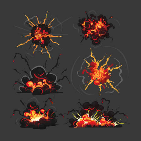 Bomb Explosion Clouds. Cartoon Boom Effect and Smoke Elements for Ui Game Design. Dynamite Danger Explosive Detonationのイラスト素材