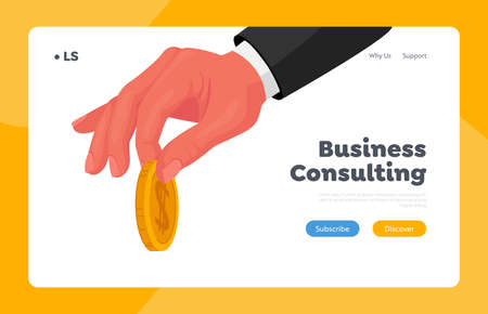 Businessman Giving Golden Coin Landing Page Template. Male Hand in Formal Wear Holding Gold Coin in Fingers, Charityのイラスト素材