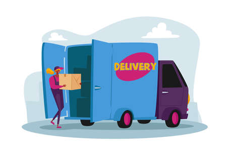 Courier Character Loading Parcel Box in Truck for Delivery to Clients. Mail, Postage Package Transportation Serviceのイラスト素材