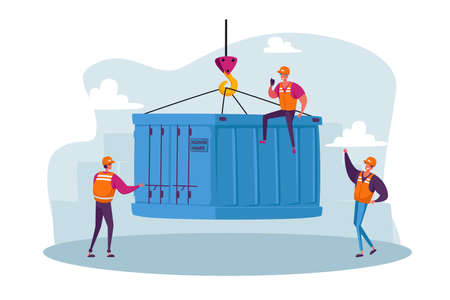 Foremen Characters in Seaport Loading Container Box from Cargo Ship Isolated on White Background. Import Export Logisticのイラスト素材