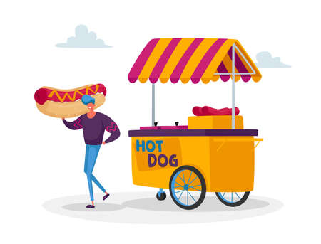 Man Buy Street Food, Takeaway Junk Meal from Wheeled Cafe or Food Truck. Tiny Male Character with Huge Hot Dog at Boothのイラスト素材