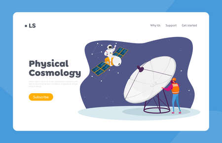 Galaxy Research, Exploration Landing Page Template. Astronomy Engineer Character Research Outer Space with Huge Antennaのイラスト素材