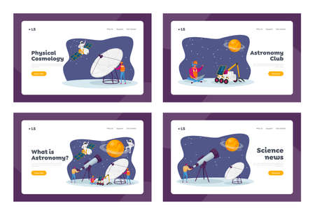 Astronomy Science Landing Page Template Set. Characters Watch on Stars and Planets at Telescope, Studying Spaceのイラスト素材