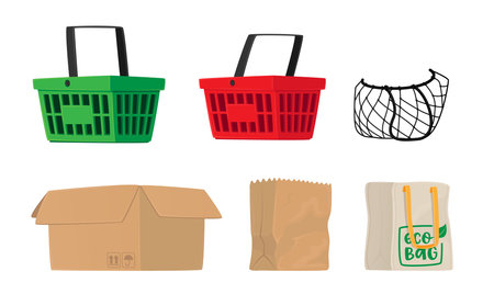 Set of Shopping Bags Isolated on White Background. Carton Box, Plastic Basket, String and Eco Bags Accessories Isolatedのイラスト素材