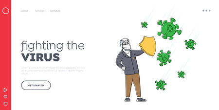Coronavirus Protection, Quarantine, Stop Virus Landing Page Template. Senior Man Character Hold Shield Protect of Cellsのイラスト素材