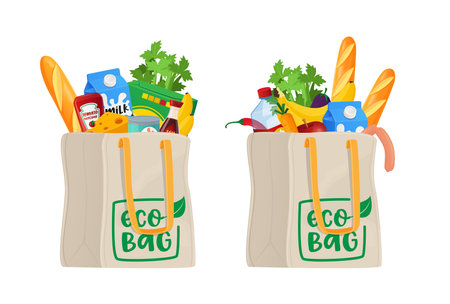Food in Shopping Eco Bags, Grocery Isolated on White Background. Different Production Vegetables, Bread or Cans with Milkのイラスト素材