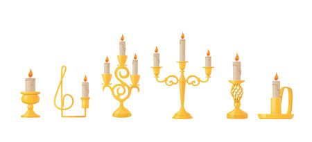 Set of Candles in Golden Candlestick Isolated on White Background. Burning Candles for Holidays, Church Worship or Dateのイラスト素材