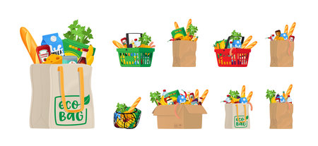 Food in Grocery Basket, Eco or String Bag and Carton Box. Different Shopping Bags with Production Vegetables, Breadのイラスト素材