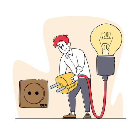 Business Man Work on Project Searching for Creative Idea. Male Character Switch on Plug into Socket for Huge Light Bulbのイラスト素材