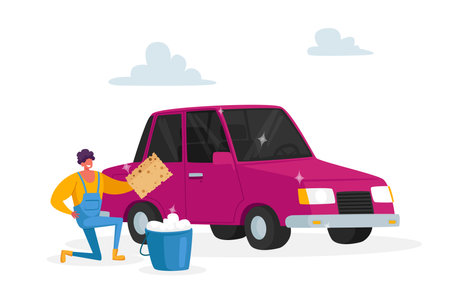 Cleaning Company Employee Working Process, Man Cleaning Vehicle. Car Wash Service on Auto Station Conceptのイラスト素材