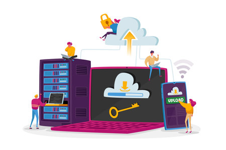 Tiny Characters at Huge Laptop, Phone and Server Equipment. Web Hosting Concept. Web Programming, Developmentのイラスト素材