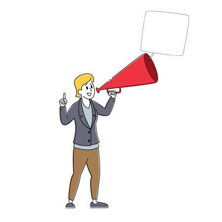 Business Woman Character Shout to Megaphone or Loudspeaker with Speech Bubble. Online Public Relations and Affairsのイラスト素材