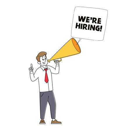 We are Hiring, Recruiting, Head Hunting Concept. Manager Character Search Employee Hire on Job Using Megaphoneのイラスト素材