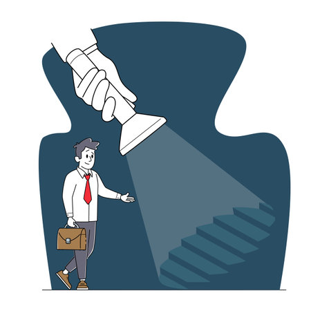 Young Business Man Character in Formal Suit Holding Briefcase Stand at Ladder under Huge Flashlight Glowing Lightingのイラスト素材