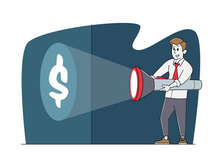 Young Business Man Character in Formal Suit Holding Huge Flashlight Lighting Up Dollar Sign on Wall, Searching Moneyのイラスト素材