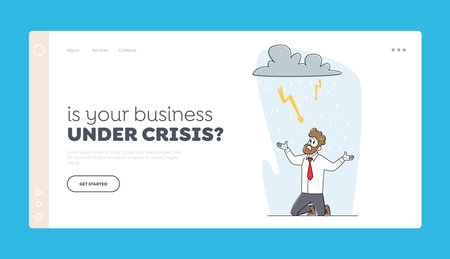 Crisis, Problem Landing Page Template. Frustrated Business Man Kneel Suffer under Rainy Cloud with Sparkling Flashlightsのイラスト素材