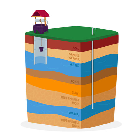 Groundwater or Artesian Water Extraction Concept. Well Drilling Aquifer Infographic Diagram with Names of Earth Layersのイラスト素材