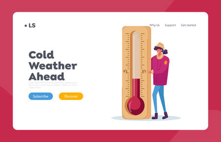 Cold Weather Landing Page Template. Freezing Female Character Wear in Warm Winter Clothes Stand at Huge Thermometerのイラスト素材