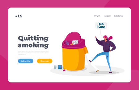 Stop Unhealthy Habit, Smoking Addiction Landing Page Template. Tiny Female Character Breaking Huge Cigaretteのイラスト素材
