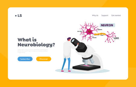 Neurobiology or Chemical Laboratory Research, Experiment Landing Page Template. Tiny Scientist Look in Huge Microscopeのイラスト素材