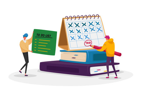 Diary, Memo Reminder Concept. Tiny Male Characters Circle Date on Huge Calendar Planning Trip, Fill...