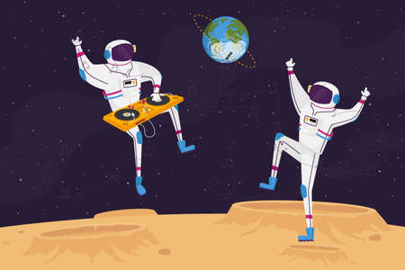 Disco Party on Alien Planet or Moon Surface with Dj and Astronaut Characters Dancing with Turntable. Spacemen in Galaxyのイラスト素材