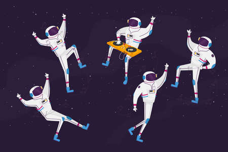 Astronauts Characters Dancing with Dj Turntable in Open Space. Spacemen in Space Suits Listen Music, Rising Handsのイラスト素材