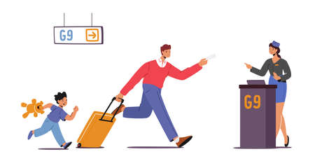Father with Child Late for Plane Boarding. Man and Boy Run with Bags to Gates Upset with Missed Flight. Stressful Travelのイラスト素材