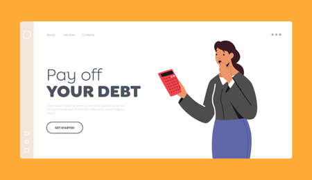 Female Character Shocked with Price on Calculator Dial Landing Page Template. Upset Businesswoman with Unhappy Faceのイラスト素材