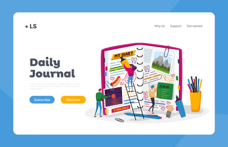 Organizer, Notebook for Memory or Messages Landing Page Template. Tiny Characters at Huge Diary Writing Notesのイラスト素材