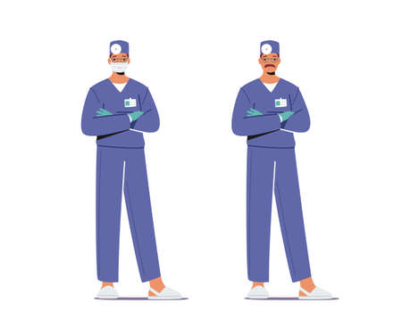 Male Doctor in Blue Medical Robe with Head Mirror Wear Mask Stand with Crossed Arms. Clinical Medicine Professionのイラスト素材