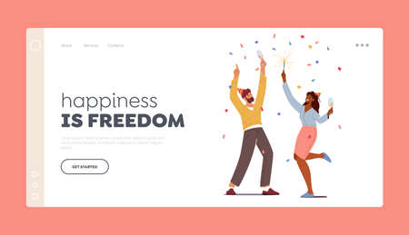 Party Celebration Landing Page Template. Cheerful Characters in Festive Hats with Wine Glasses and Sparklers Celebratingのイラスト素材