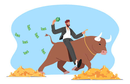 Investment, Bullish Stock Market Trading, Rising Bonds Trend. Successful Businessman Trader Character Saddle Bullのイラスト素材