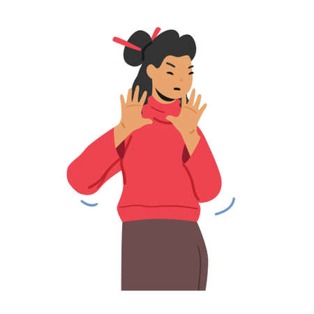 Asian Woman in Casual Clothes Showing Refusal or Stop Gesture with Open Hands front of Chest Express Negative Emotionsのイラスト素材