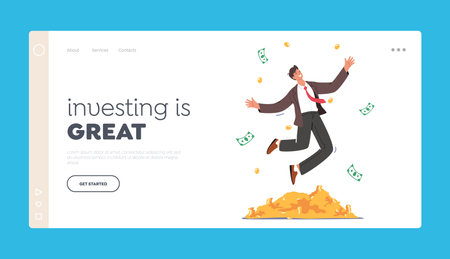 Business Growth, Wealth and Prosperity Landing Page Template. Rich Business Man Character Jump on Pile of Gold Coinsのイラスト素材