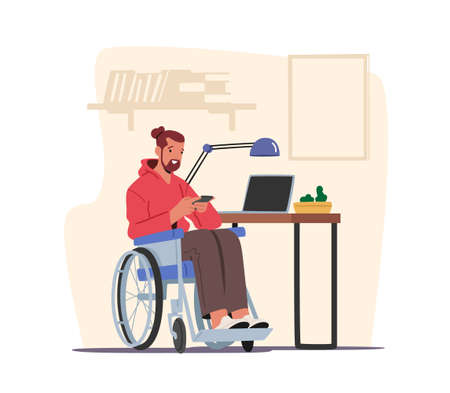 Handicapped Male Character on Wheelchair at Home Looking on Screen of Smartphone Writing Message or Watch Video on Phoneのイラスト素材