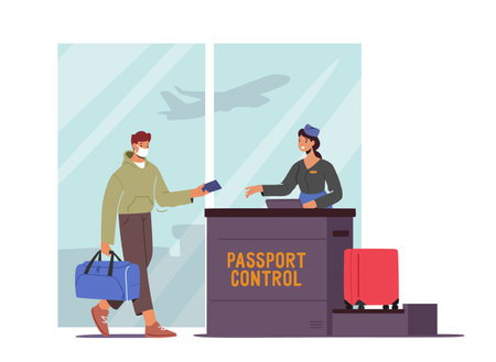 Male Passenger Character in Medic Mask with Luggage Giving Passport Document and Ticket for Flight Registrationのイラスト素材