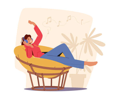 Young Woman Listen Music in Headphones, Relax at Home on Armchair . Female Character Wearing Earphones Enjoying Soundのイラスト素材