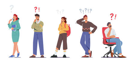 Set People Thinking Serious Tasks, Searching Information, Male and Female Characters with Exclamation and Question Marksのイラスト素材