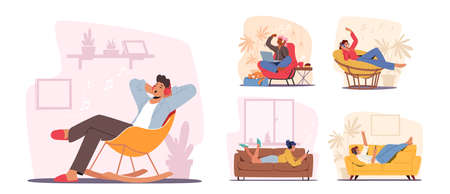 Set Young People Listen Sound Composition on Music Player or Mobile Phone Application. Male and Female Characters Relaxのイラスト素材