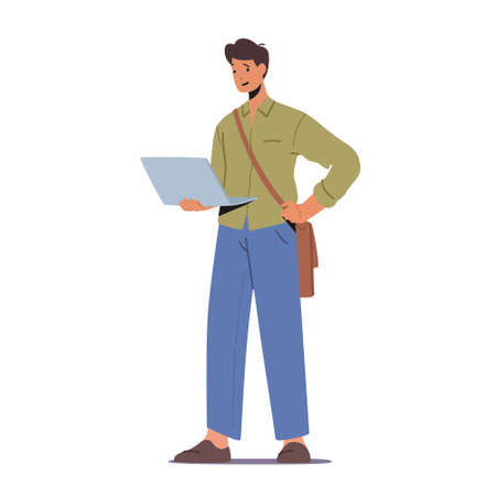 Young Man Student Character with Shoulder Bag and Laptop Isolated on White Background. Fashioned Accessory, Educationのイラスト素材