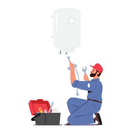 Call Master in Robe with Toolbox Install Boiler or Heater. Husband for an Hour Repair Service, Worker with Wrenchのイラスト素材