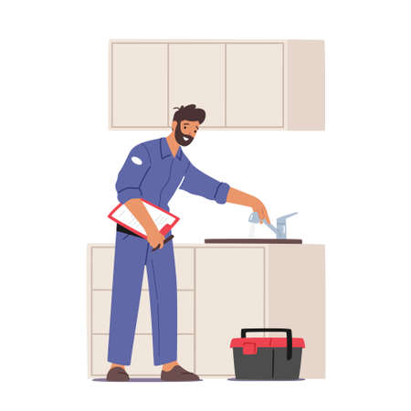 Plumber Working Concept. Handyman Character in Overalls Fixing Broken Sink at Home Kitchen. Husband for an Hour Serviceのイラスト素材
